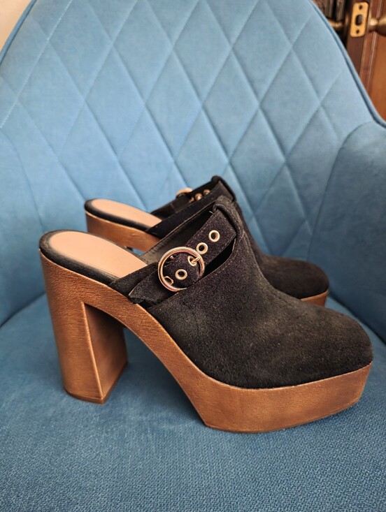 Gianni Bini Shoes - Gianni Bini - Black Suede Platform Mules with Gold Accent (8) w 4 Inch Heel